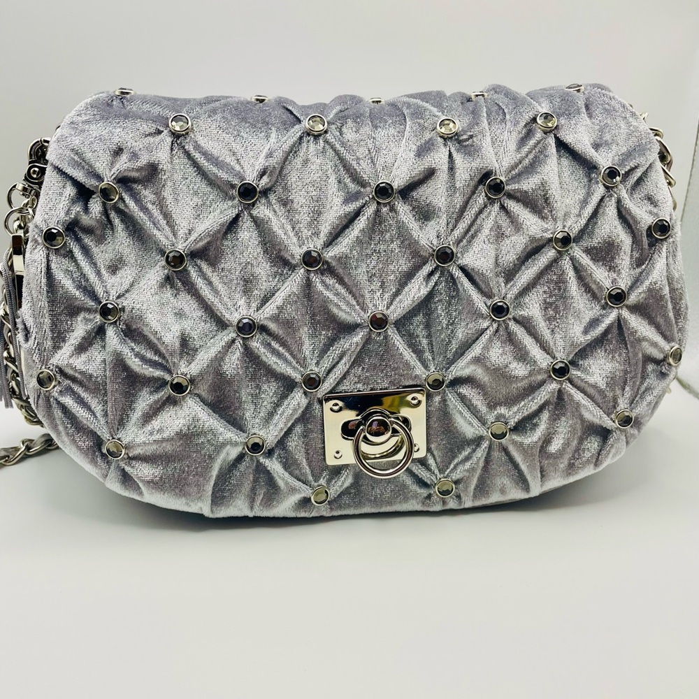 twiggy LONDON Silver Studded Velvet Shoulder Bag. Double Chain Strap